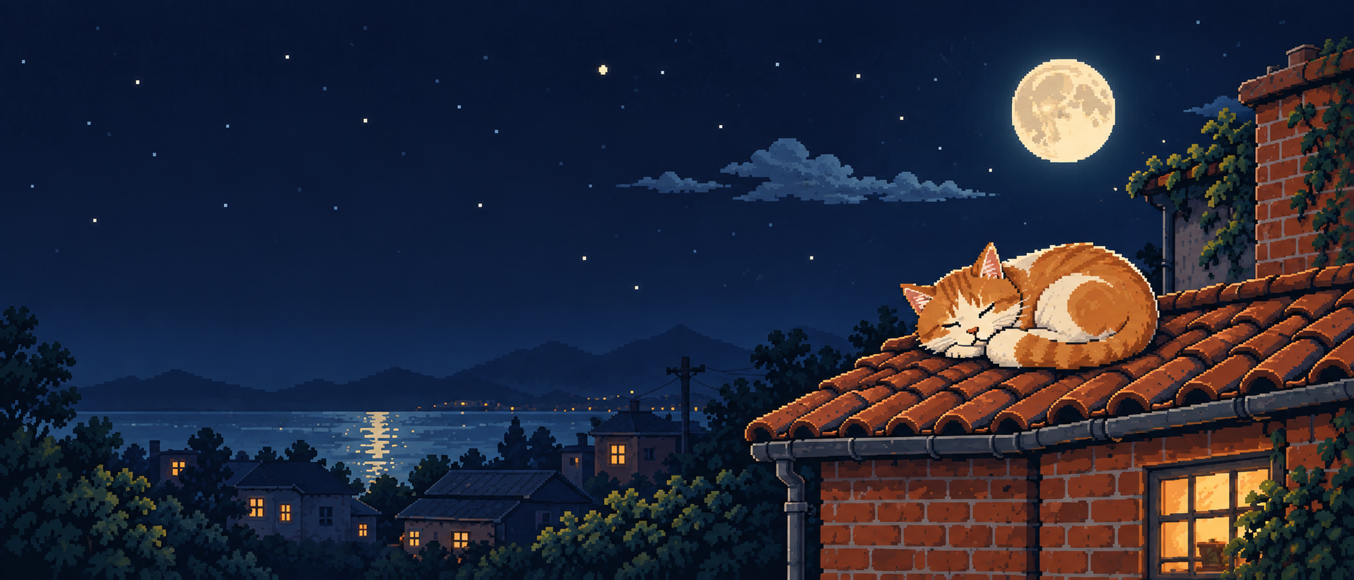 月夜下，一只橘猫蜷睡在红砖小屋的瓦顶上，窗内透出暖光。